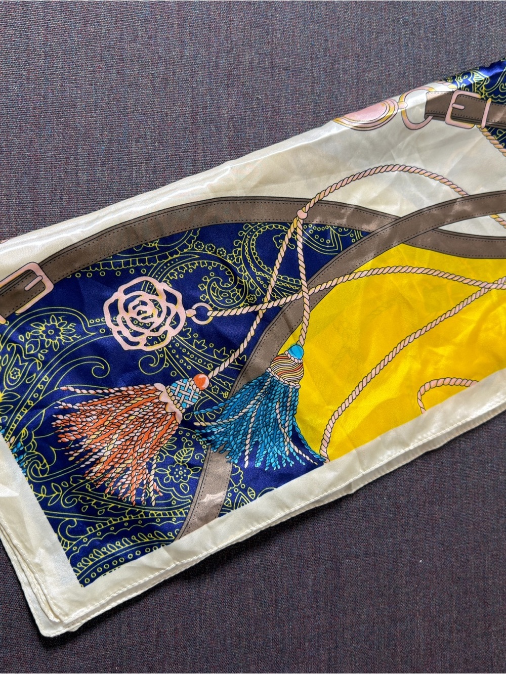 Silk-Effect Decorative Scarf in Navy, Yellow and Cream